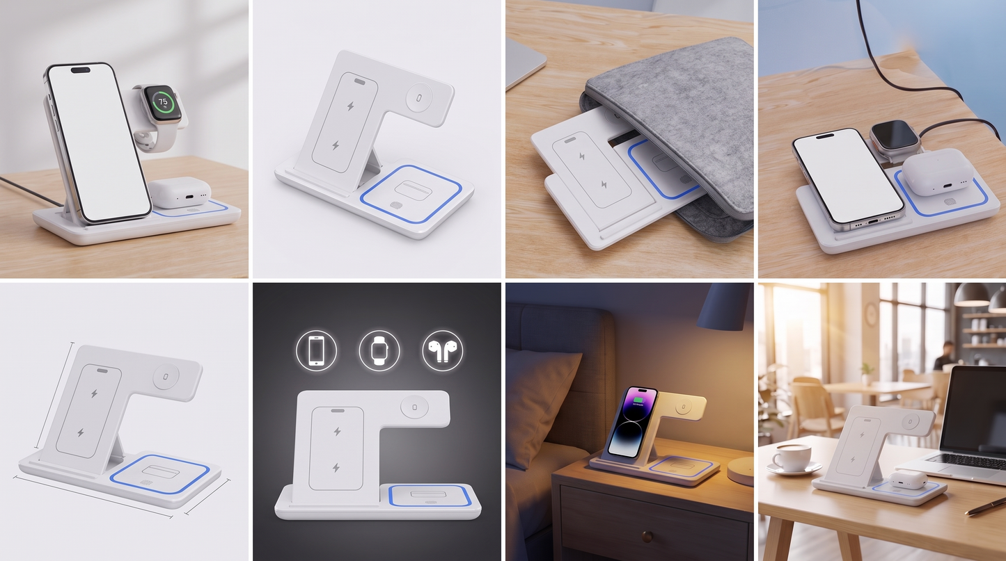 PulseCharge wireless charging stand with phone, watch, and AirPods charging